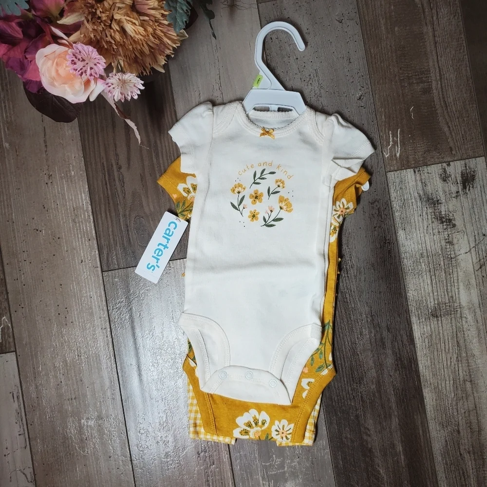 NWT Carter's Mustard Yellow and Cream 3pc Baby Outfit Size 3m 100% Cotton